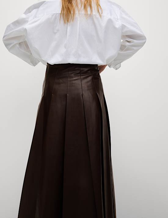Leather Look Pleated Midaxi A-Line Skirt