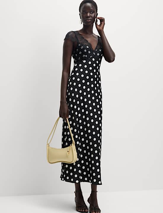 Polka Dot V-Neck Lace Detail Midaxi Tea Dress