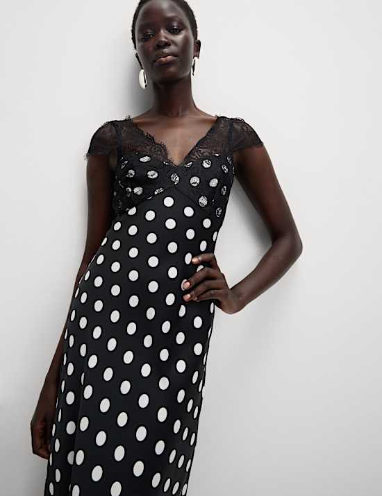 Polka Dot V-Neck Lace Detail Midaxi Tea Dress