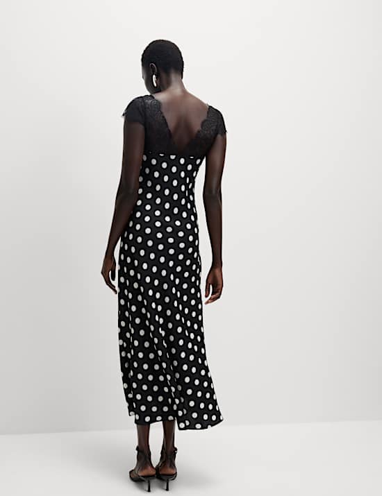 Polka Dot V-Neck Lace Detail Midaxi Tea Dress