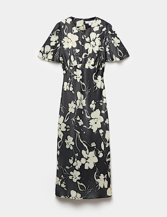 Satin Floral Empire Line Midi Waisted Dress