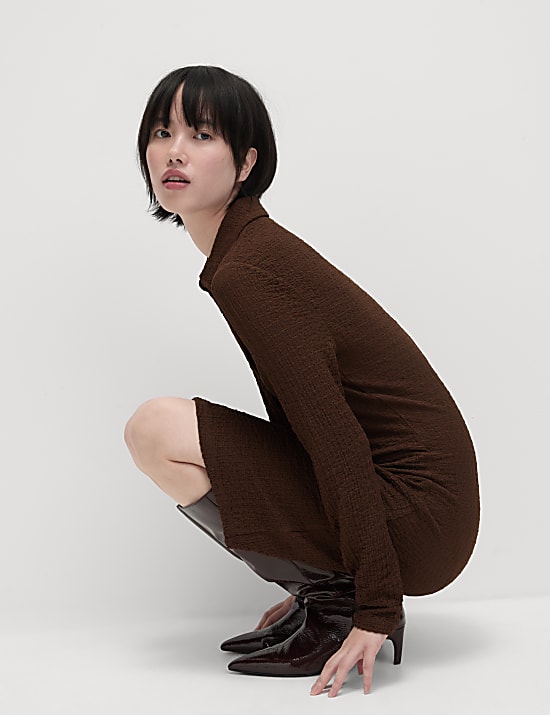 Textured Collared Button Through Mini Column Dress