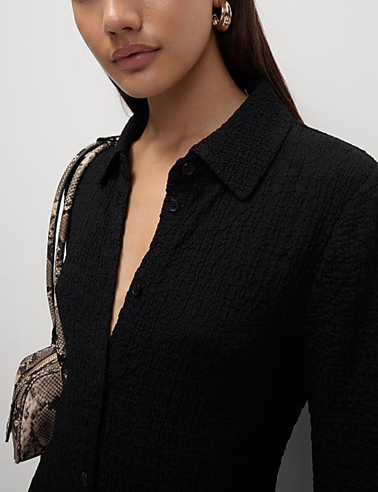 Textured Collared Button Through Mini Column Dress