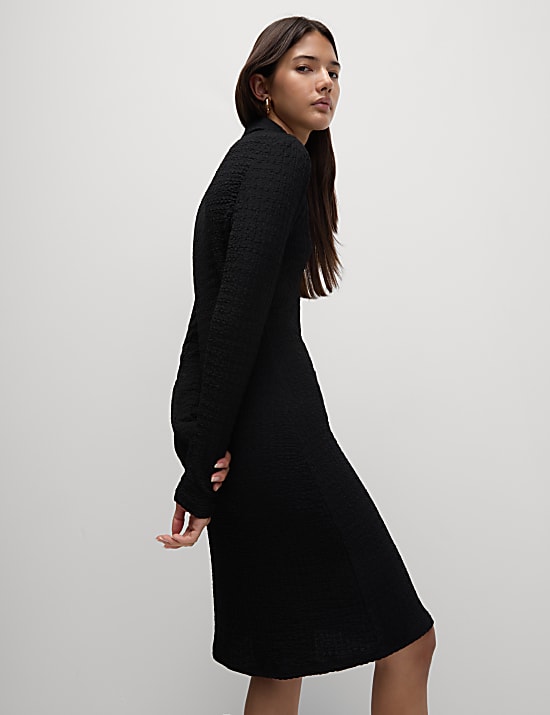 Textured Collared Button Through Mini Column Dress