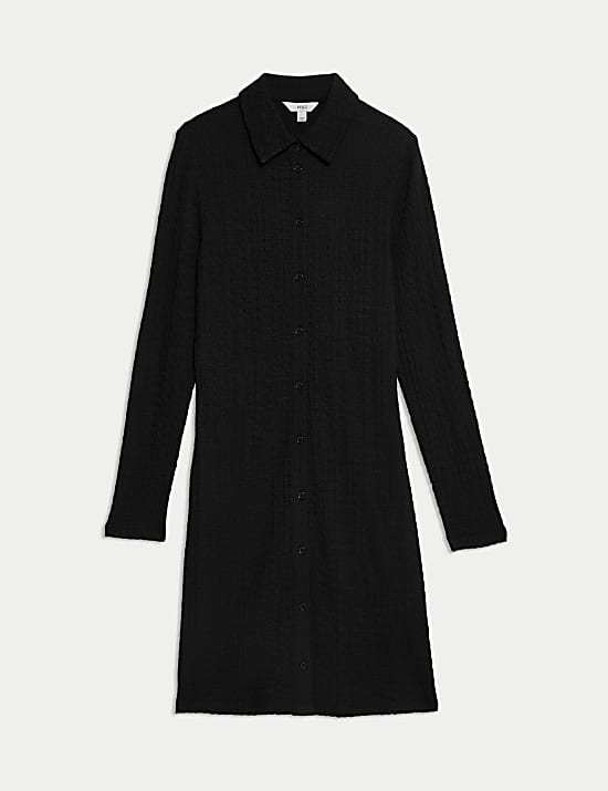 Textured Collared Button Through Mini Column Dress