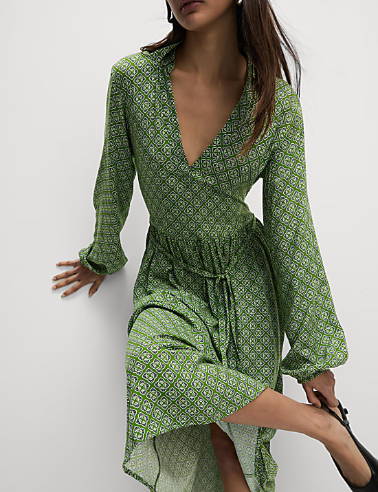 Midi-overhemdjurk met V-hals en print