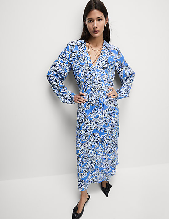 Printed V-Neck Midi Shirt Dress