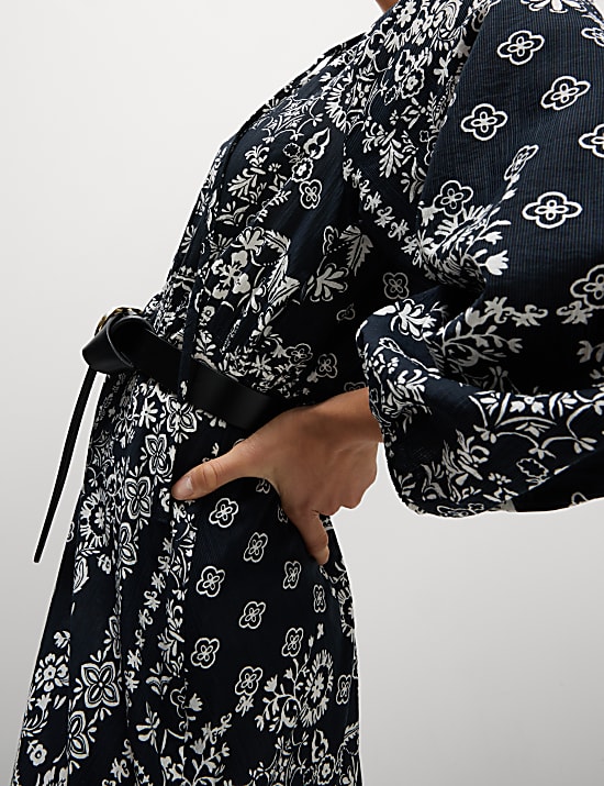 Lyocell Rich Printed Tie Detail Midi Waisted Dress