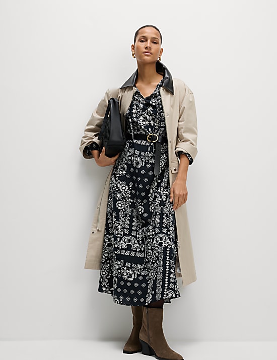 Lyocell Rich Printed Tie Detail Midi Waisted Dress