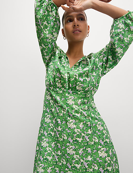 Lyocell Rich Printed Tie Detail Midi Waisted Dress