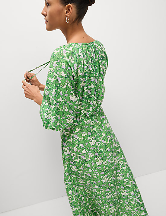 Lyocell Rich Printed Tie Detail Midi Waisted Dress