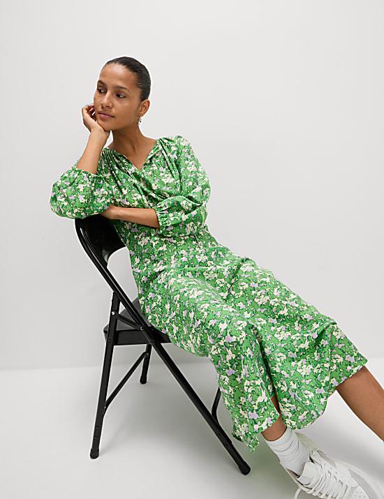 Lyocell Rich Printed Tie Detail Midi Waisted Dress