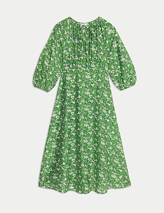 Lyocell Rich Printed Tie Detail Midi Waisted Dress