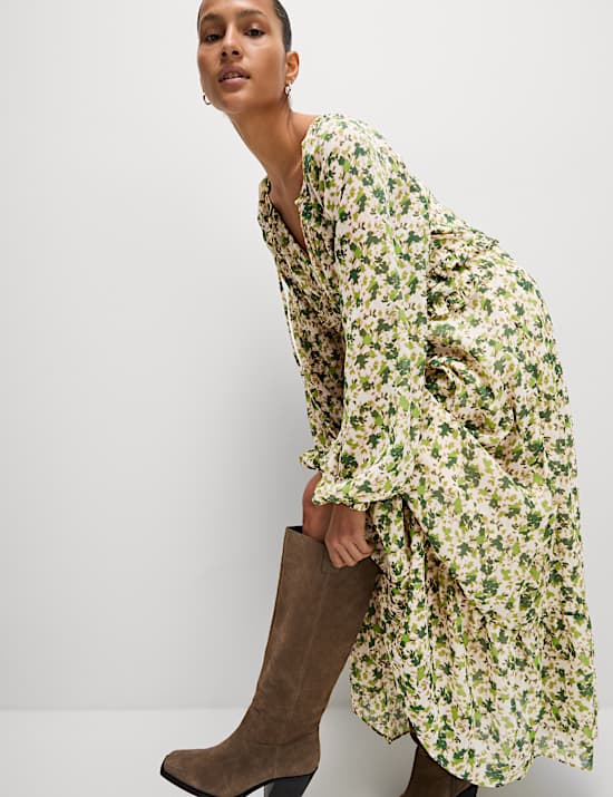 Chiffon Floral V-Neck Midaxi Waisted Dress