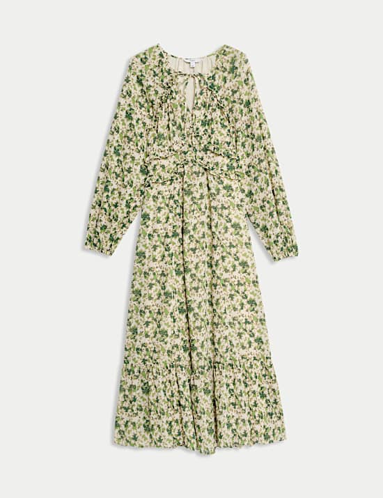 Chiffon Floral V-Neck Midaxi Waisted Dress