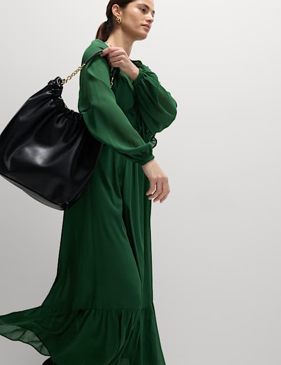 Chiffon V-Neck Ruffle Midaxi Waisted Dress