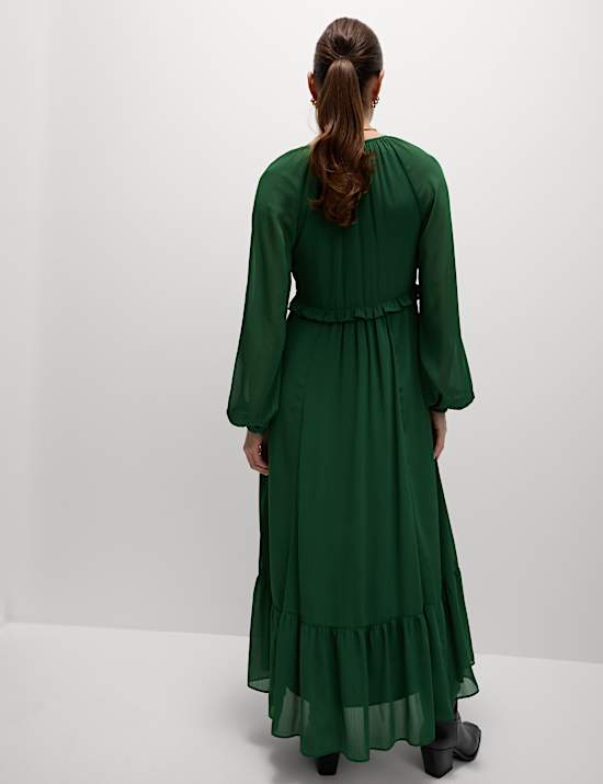 Chiffon V-Neck Ruffle Midaxi Waisted Dress