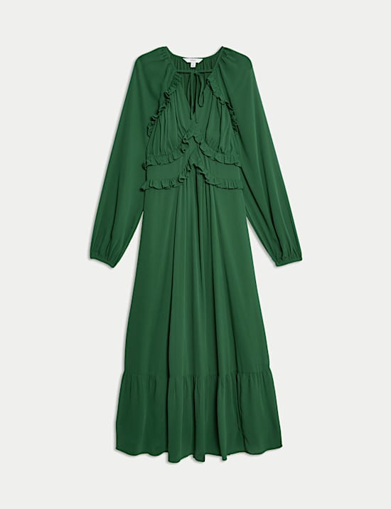 Chiffon V-Neck Ruffle Midaxi Waisted Dress