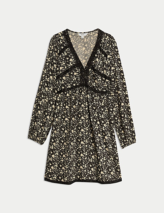 שמלת מיני אסופה במותניים עם תחרה והדפס