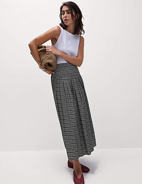 Checked Pleated Midaxi A-Line Skirt