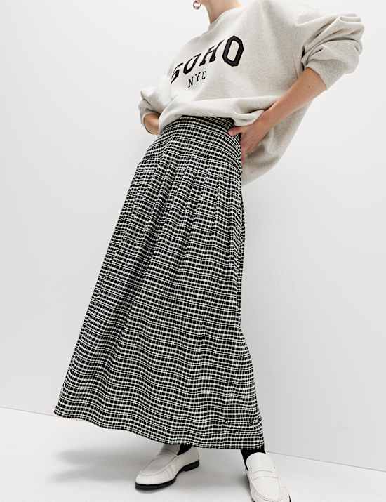 Checked Pleated Midaxi A-Line Skirt