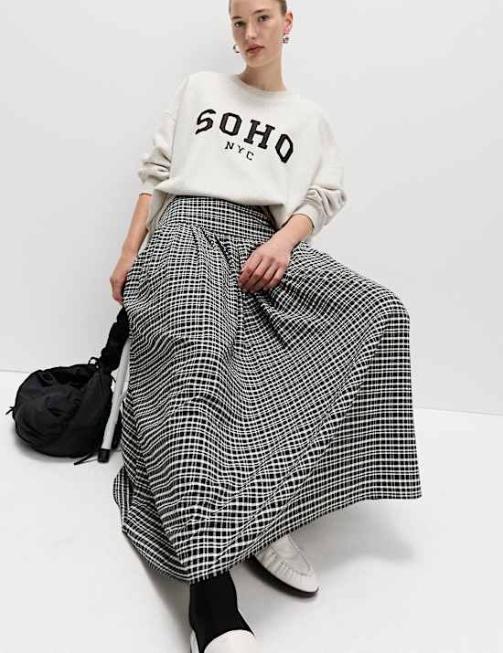 Checked Pleated Midaxi A-Line Skirt