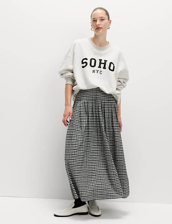 Checked Pleated Midaxi A-Line Skirt