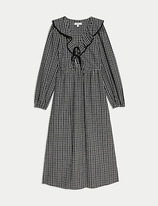 Checked V-Neck Ruffle Midi Waisted Dress