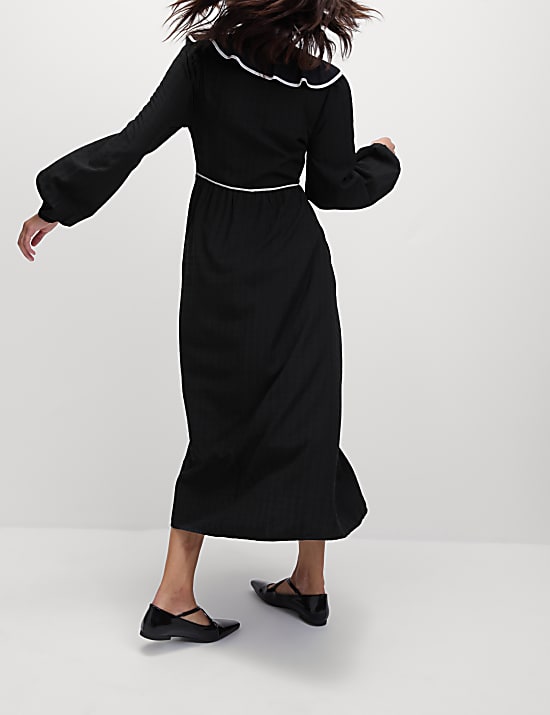 Modal Rich Textured Ruffle Midi Waisted Dress