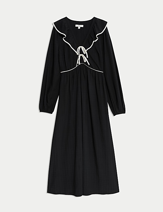 Modal Rich Textured Ruffle Midi Waisted Dress