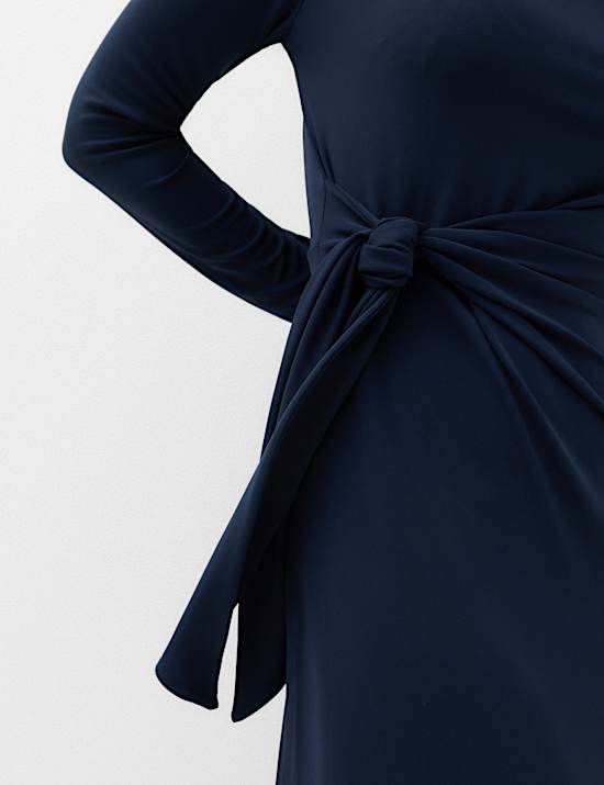 Jersey Tie Waist Slash Neck Midi Waisted Dress