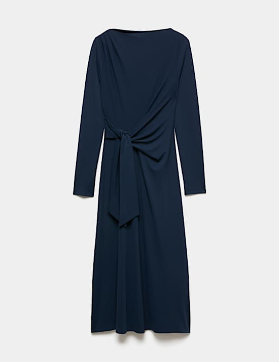Jersey Tie Waist Slash Neck Midi Waisted Dress