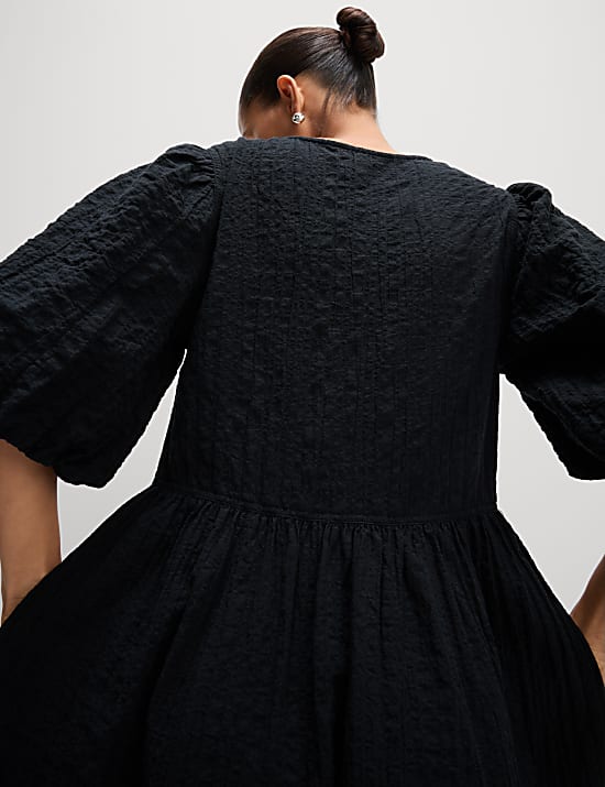 Cotton Rich Textured V-Neck Midi Waisted Dress