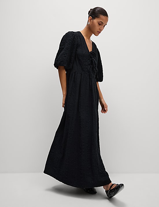 Cotton Rich Textured V-Neck Midi Waisted Dress