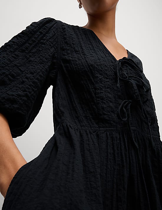 Cotton Rich Textured V-Neck Midi Waisted Dress