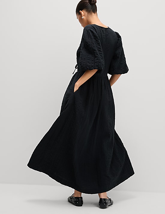 Cotton Rich Textured V-Neck Midi Waisted Dress