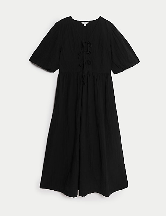 Cotton Rich Textured V-Neck Midi Waisted Dress