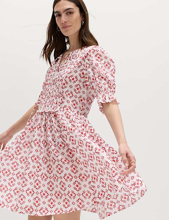 Cotton Rich Printed Mini Waisted Dress