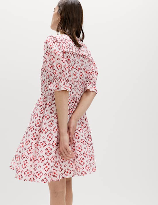 Cotton Rich Printed Mini Waisted Dress