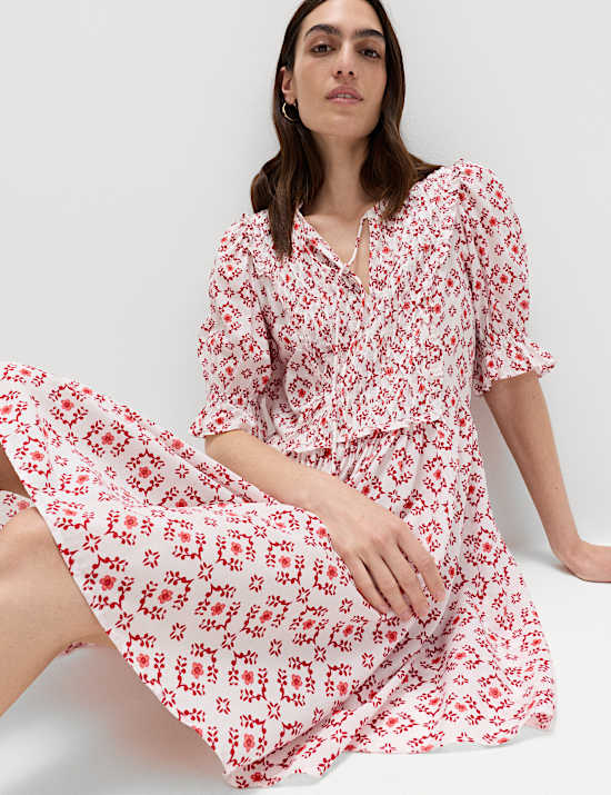 Cotton Rich Printed Mini Waisted Dress