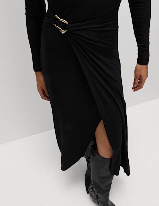 Slash Neck Ring Front Midi Waisted Dress