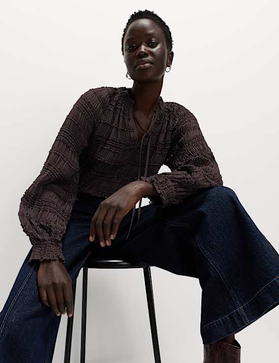 Ruffle Tie Detail Blouson Sleeve Blouse