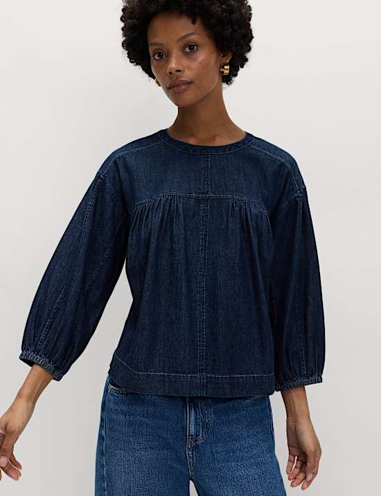 Pure Cotton Denim Crew Neck Blouse