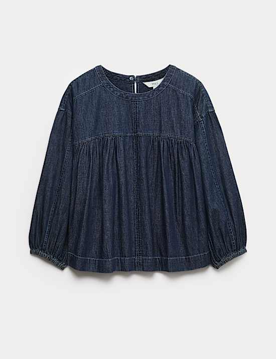 Pure Cotton Denim Crew Neck Blouse