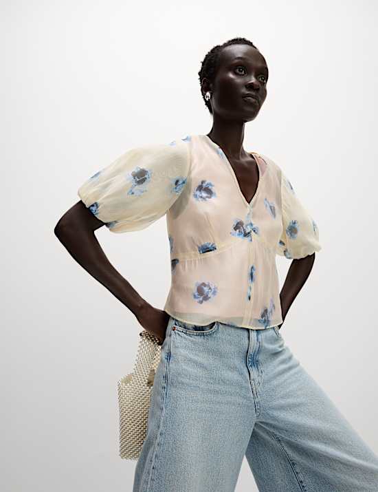 Organza Floral V-Neck Puff Sleeve Blouse