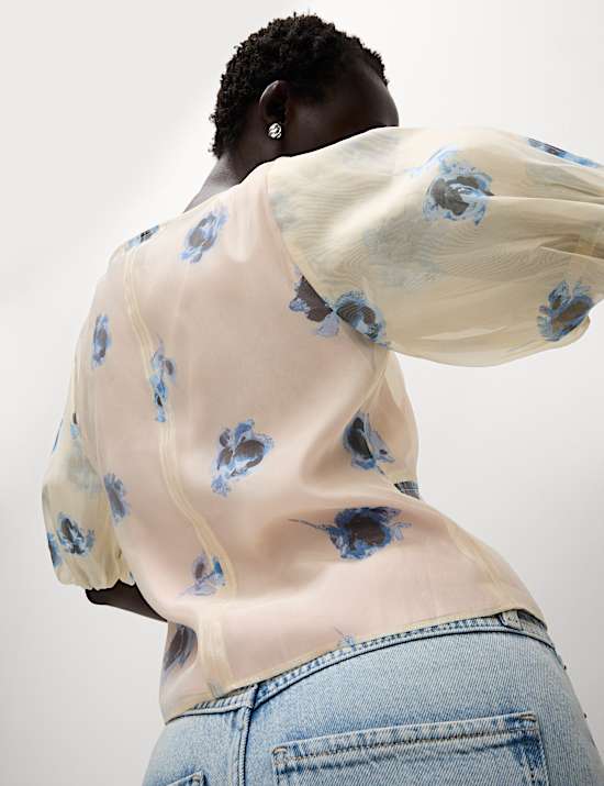 Organza Floral V-Neck Puff Sleeve Blouse