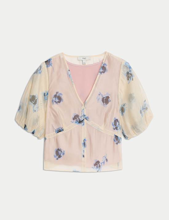 Organza Floral V-Neck Puff Sleeve Blouse