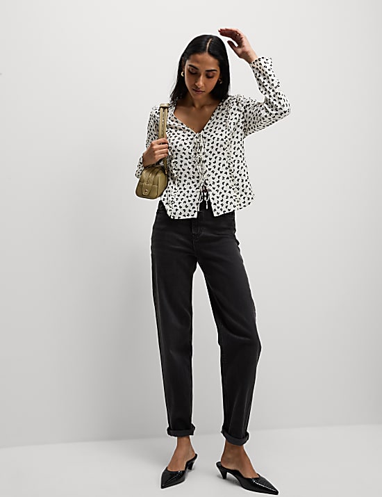 Printed Tie Front Ruffle Blouse