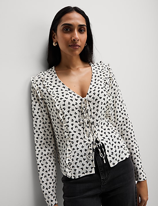Printed Tie Front Ruffle Blouse