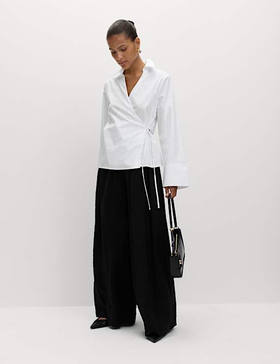 Pure Cotton V-Neck Tie Detail Wrap Shirt